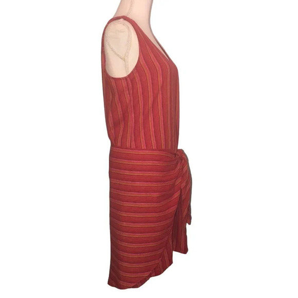 Drew Sz M Women's Striped Red Pink Orange Linen Blend Wrap Waist Tie Front Dress - Picture 7 of 10
